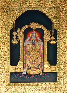 Gud Tirupati Balaji i miniatyr av pesende trykk på papir med gullpreging av School Indian