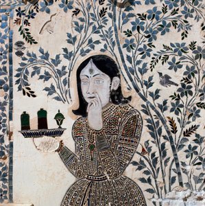 Innlegg dekorert med en tjenerfigur, palasset til Sawai Jai Singh II (1699-1744) av School Indian
