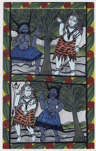 Kama, begjærets gud, sender en kjærlighetspil til Shiva i meditasjon, for å forene seg med Parvati. Pat: malt rull fra Bengal-regionen, som fungerer som et narrativt medium for sangerne Baoul (Baul). Leonard de Selva privat samling.