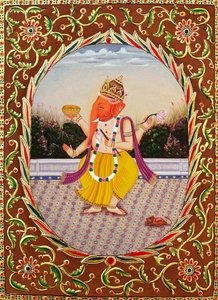 Lord Ganesha Ganpati miniatyrmaleri på papir med broderi av School Indian