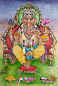 Lord Ganesha Ganpati i miniatyrmaleri på papir av School Indian