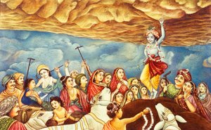 Lord Krishna løfter et fjell i miniatyr av School Indian