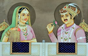 Miniatyrmaleri av Akbar med Jodha Bai India Asia