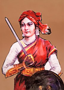 Portrett av Rani Laxmibai Dronning av Jhansi store frihetskjemper av Indias første uavhengighetskrig Indian Mytteri 1857-58 (farge litho)