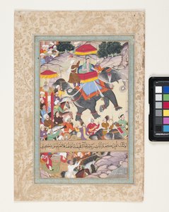 Prins som rir på en elefant i spissen for hæren sin (penselblekk, bladgull og gouache på papir) av School Indian