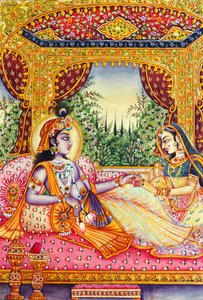 Radha Krishna miniatyrmaleri på elfenben av School Indian