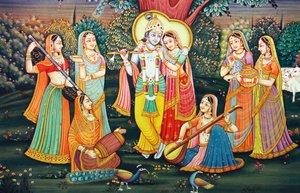 Radha Krishna med Sakhis nyter musikk av School Indian