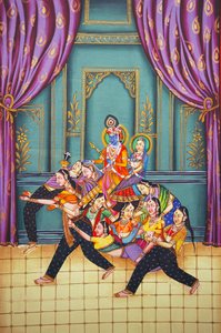 Radha Krishna med Sakhis miniatyrmaleri på papir av School Indian