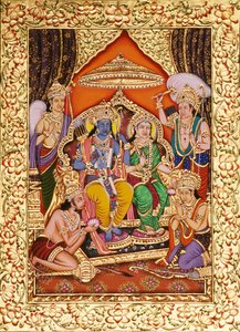 Ram Darbar i miniatyrmaleri på papir med gylden preging av School Indian