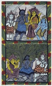 Shiva gir liv til Ganesha (Ganesh eller Ganapati), i armene til moren Parvati, etter å ha kuttet hodet til en arm av sinne. Pat: malt rull fra Bengal-regionen, som fungerer som et narrativt medium for musikere Baoul (eller baul). Leonard de Selva specia