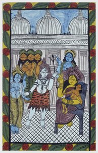 Gudene kommer for å beundre Krishna, legemliggjort i kroppen til et vakkert barn, Ganesha (Ganesh eller Ganapati) som sitter på knærne til moren Parvati. Pat: malt rull fra Bengal-regionen, som fungerer som et narrativt medium for sangerne Baoul (Baul). Le av School Indian