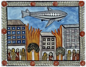 Historien om angrepene 11. september 2001 fortalt av kjøpmennene Baul fra Bengal. Maleri, serie, nummer 6/9, Bengal. av School Indian