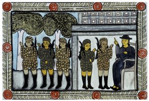 Historien om angrepene 11. september 2001 fortalt av kjøpmennene Baul fra Bengal. Maleri, serie, nummer 4/9, Bengal. av School Indian