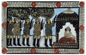 Historien om angrepene 11. september 2001 fortalt av kjøpmennene Baul fra Bengal. Maleri, serie, nummer 2/9, Bengal. av School Indian