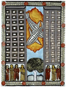 Historien om angrepene 11. september 2001 fortalt av kjøpmennene Baul fra Bengal, en illustrasjon av flyene som deltar i World Trade Center i New York. Maleri, serie, nummer 3/9, Bengal. av School Indian