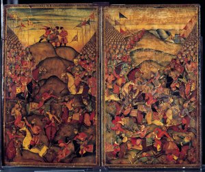 Kampscene. Maleri fra 1600-tallet av indo-iransk opprinnelse. Museum for dekorativ kunst, Paris av School Iranian