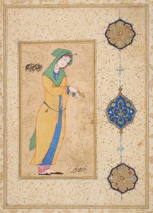 Houri står i en hage (ugjennomsiktig akvarell på papir) av School Iranian