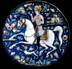 Iransk kunst: polykrom keramisk tallerken som representerer en rytter. Privat samling fra 1500-tallet
