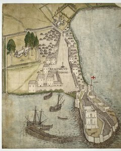 The Castle and Town of Carrickfergus, Irland, ca. 1560 (penn & blekk & akvarell på papir)