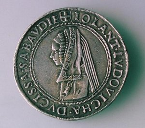 4-Teston-mynt (revers) av Philibert II av Savoy (1497-1504) som viser hans kone, Iolanta Ludovica av School Italian