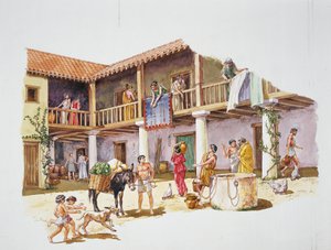 Antikkens Athen - rekonstruksjon av et hus (farge litho) av School Italian