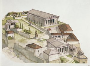 Antikkens Athen - rekonstruksjon av Akropolis, 500-tallet f.Kr. (farge litho)