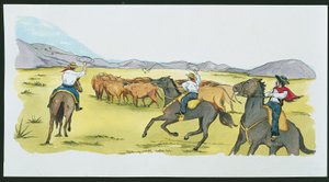 Argentina - gauchos samler storfe i Pampas (farge litho) av School Italian