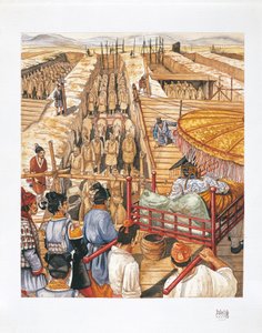 Bygging av mausoleet til keiser Qin Shi Huang-Ti, 3. århundre f.Kr. (farge litho) av School Italian