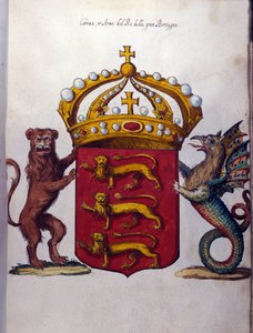 Våpenskjold fra den britiske kongefamilien dekorerer en krone, en løve """""" og en fantastisk skapning. Statsarkivet, Milano av School Italian