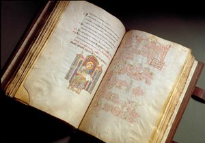 Evangelisk. Codex fra klosteret Farfa. (Ms. E 16 folii 149v. 150r.) Roma, Biblioteca Vallicelliana av School Italian