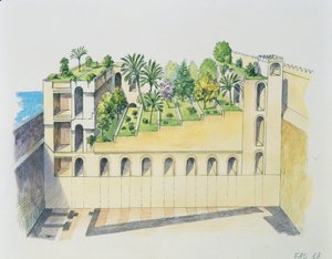 Palace of Nebuchadnezzar, Babylon, med hengende hager (farge litho)