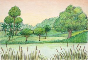Forhistorie - tertiær - rekonstruksjon av naturmiljø (farge litho) av School Italian
