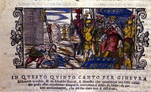 Prinsesse Ginevra er uskyldig og kampen mellom baktalelsen og den ukjente ridderen som kom for å forsvare Ginevra blir avbrutt. scene av ridderdiktet til "Orlando Furioso" (Den rasende Roland) av Ludovico Ariosto (1474 - 1533) kalt L'Arioste. av School Italian