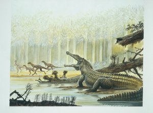 Rutiodon med Fabrosaurus i bakgrunnen, triasperiode (farge litho) av School Italian