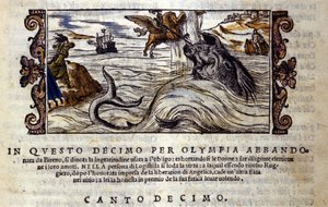 Scene av det ridderlige diktet "Orlando Furioso" (The Furious Roland) av Ludovico Ariosto (1474 - 1533) X L