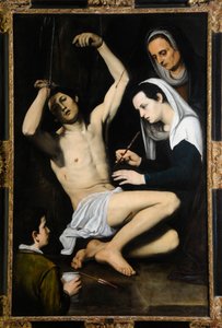 St Sebastian Tended by the Holy Women, ca. 1590-1650 (olje på lerret) av School Italian