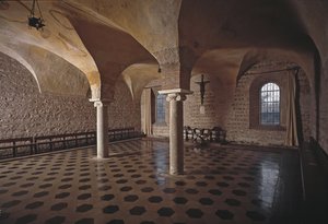 Utsikt over kapittelhallen til St. Vincent-kirken og St. Anasthasus Abbey of the Three Fountains (Tre-Fontane) (Chiesa dei Santi Vincenzo e Anastasio alle Tre Fontane) (Kapitelhuset til St. Vincenzo e Anastasio-kirken, abbazia delle Tre Font av School Italian
