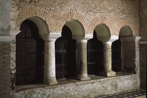 Utsikt over klosteret til kirken Saint Vincent og Saint Anasthasus, klosteret til de tre fontenene (Tre-Fontane) (Chiesa dei Santi Vincenzo e Anastasio alle Tre Fontane) (Utsikt over klosteret til kirken St Vincenzo e Anastasio, abbazia delle T av School Italian