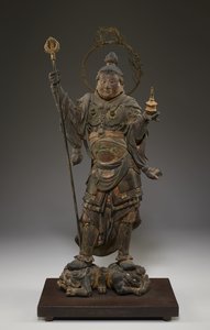 Bishamonten (Vaisravana, Guardian of the North) (polykromt tre med krystall, bladgull og metall) av Japanese School