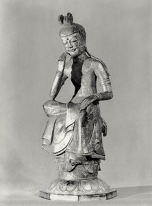 Bodhisattva sitter i en meditativ stilling, ca. 645-794 (forgylt bronse) (s/hvitt-bilde) av Japanese School