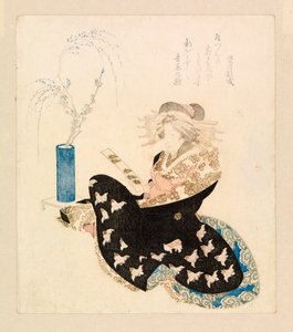Courtesane leser en tanzaku (fargetresnitt) av School Japanese