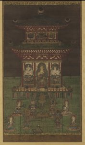 Horokaku Mandara: Buddha og tilhørende guddommeligheter, Heian-perioden (farge og gull på silkepanel) av Japanese School