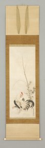 Kakemono, hane og høne m/blomster av Japanese School