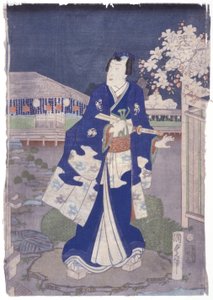 Mann som rusler i hagen holder vifte (tur) (fargetresnitt) av School Japanese