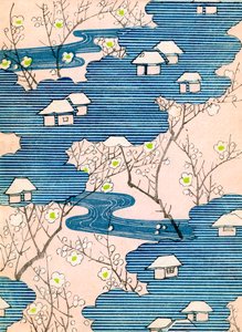 Mønster for et Kimono-design: Hytter med elver og kirsebærblomster, ca. 1900 (farget treblokktrykk)