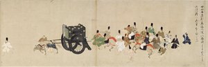 Illustrated Tale of the Civil War, The Imperial Visit to Rokuhara (Illustrated Tale of The Civil War, The Imperial Visit to Rokuhara) - Anonymt verk, akvarell og blekk på papir, femte rull av School Japanese
