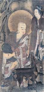 Religiøst maleri som viser ung munk med doe, maleri på silke, japansk sivilisasjon, Heian-perioden, 794-1185 av School Japanese