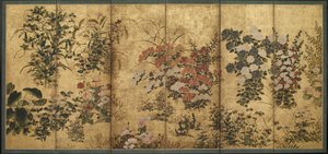 Sommer- og høstblomster, Edo-perioden (farge over gull på papir) av Japanese School