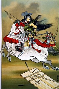 Tomoe, en modig kvinnekriger i Japan under Genji- og Heishi-perioden (fargelitho)