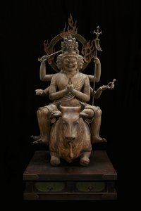 Wisdom King of Awe-inspiring Power (Daiitoku Myōō) (polykromt tre med krystall, bladgull og metall) av Japanese School